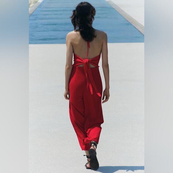 Zara RED WIDE LEG CROPPED PANTS - Picture 8 of 14